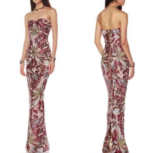 BEST Bronx and Banco Dahlia Fuchsia Multi Maxi Dress Gown Burgundy Wine Sequin - Picture 2 of 11
